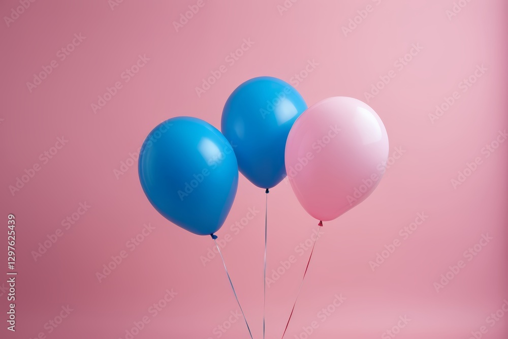three blue and pink balloons are in a vase on a pink background three blue and pink balloons are in a vase on a pink background