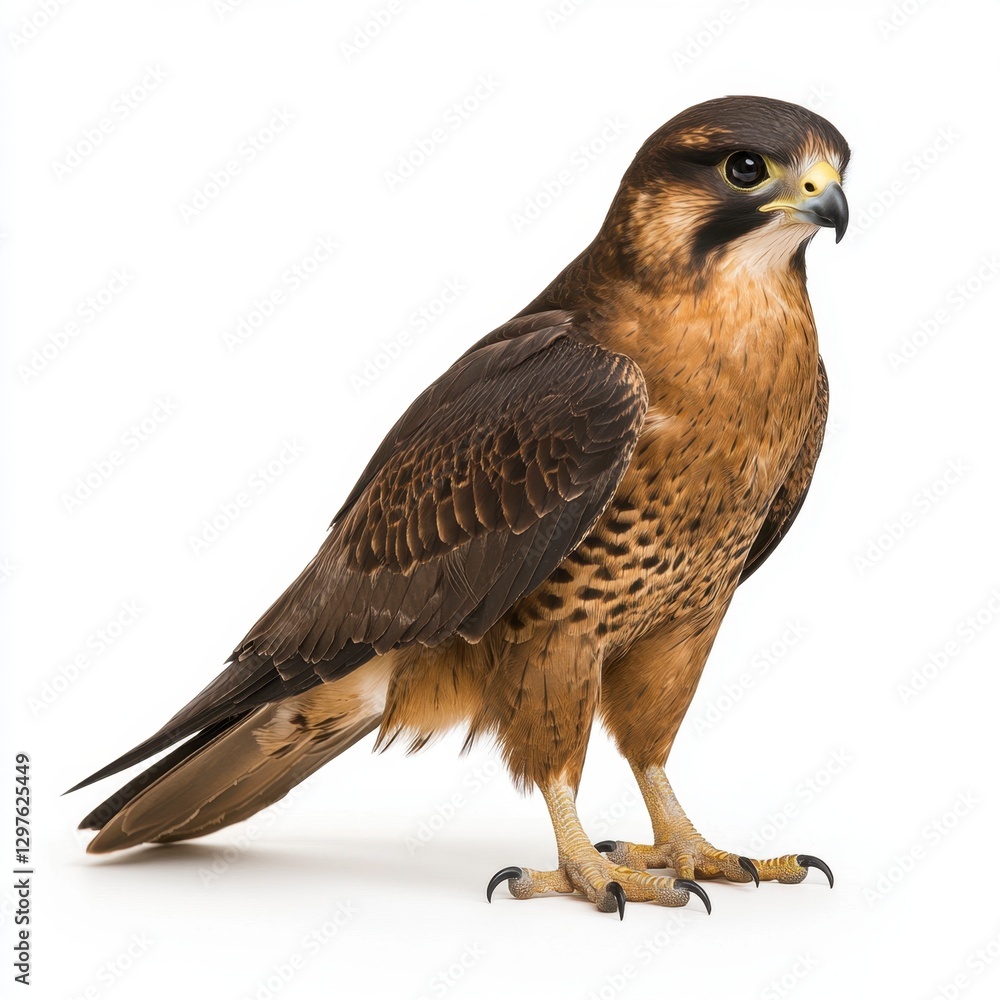 Brown falcon standing on white background, detailed view of its feathers and talons, sharp focus Brown falcon standing on white background, detailed view of its feathers and talons, sharp focus