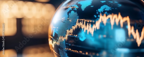 A holographic globe with highlighted stock trends, illustrating international stocks, cybertech style, blue and gold hues, generous copy space