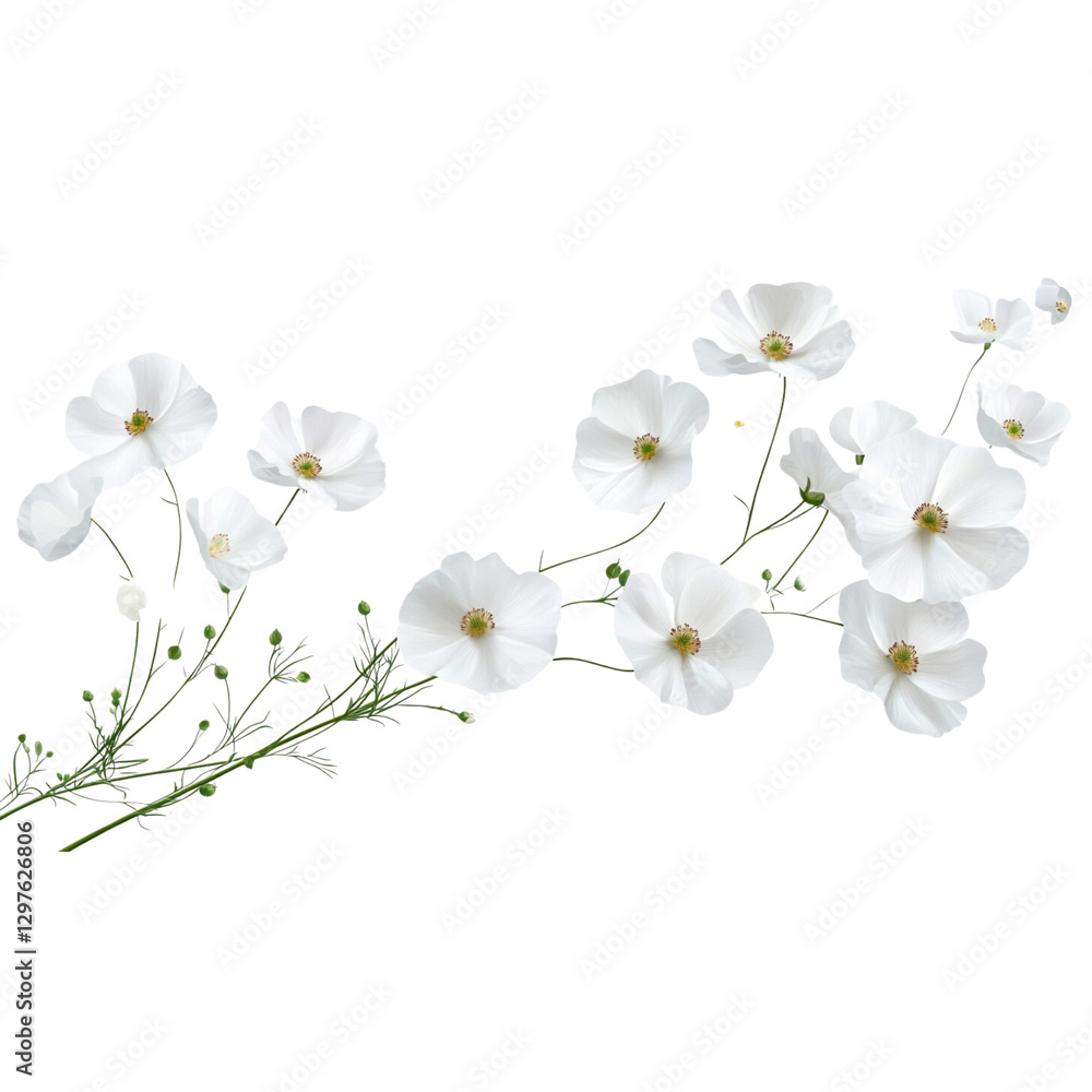 Delicate white flowers with green stems create serene atmosphere Delicate white flowers with green stems create serene atmosphere
