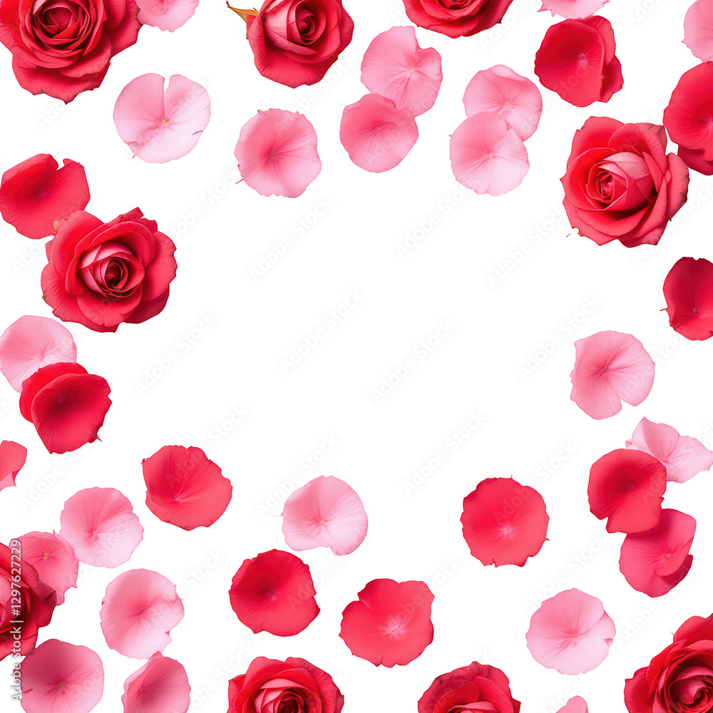 A 3D rendered image of pink roses and scattered rose petals arranged in a circular frame against a white background, creating a romantic and delicate floral design. A 3D rendered image of pink roses and scattered rose petals arranged in a circular frame against a white background, creating a romantic and delicate floral design.