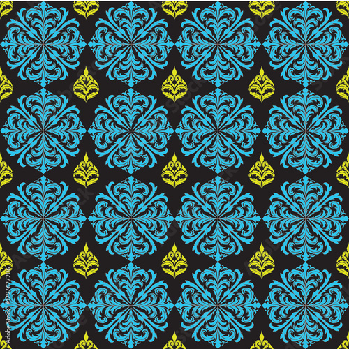Traditional Thai Pattern in Blue and Gold on a Black Background