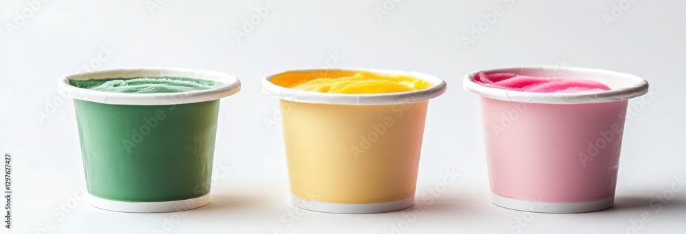 Colorful Frozen Desserts in Three Small Cups Perfect for Summer Snacking and Celebrations with Bright Vibrant Colors and Tasty Flavors Colorful Frozen Desserts in Three Small Cups Perfect for Summer Snacking and Celebrations with Bright Vibrant Colors and Tasty Flavors