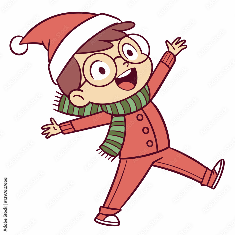 Cartoon joyful boy with glasses and santa hat celebrating Christmas Cartoon joyful boy with glasses and santa hat celebrating Christmas