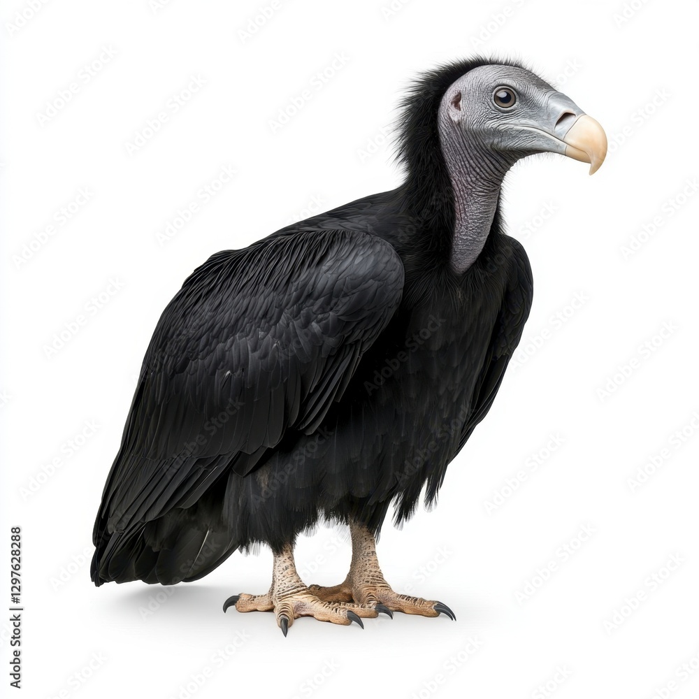 Fototapeta premium Black vulture with gray head and neck, standing on white background. Detailed view of its feathers and beak. Wildlife photography