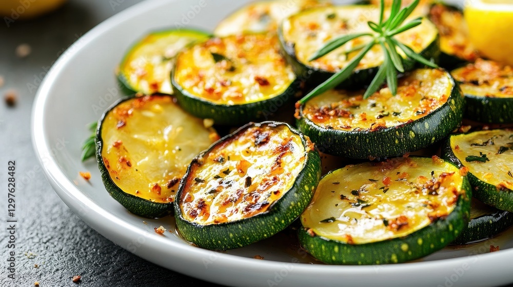 Grilled Zucchini Slices with Seasoning and Fresh Herbs on Plate Grilled Zucchini Slices with Seasoning and Fresh Herbs on Plate