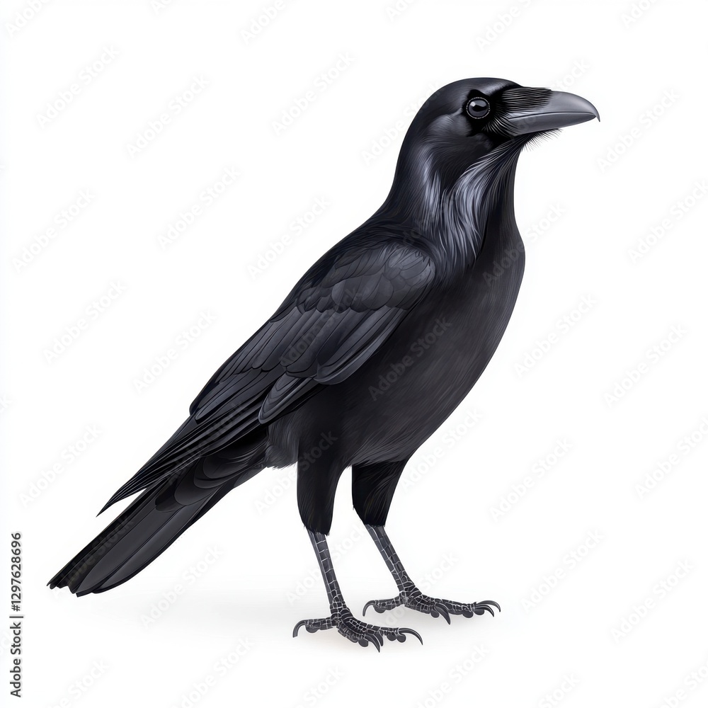 Fototapeta premium Black raven, detailed profile view, isolated on white background. Sharp, high resolution image of a bird with glossy black feathers and strong beak