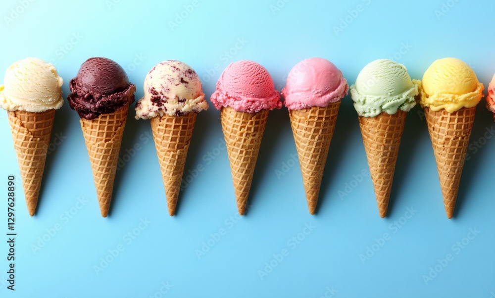 Colorful Ice Cream Cones on Blue Background Displaying Various Flavors in Waffle Cones Perfect for Summer Treats and Sweet Indulgence Colorful Ice Cream Cones on Blue Background Displaying Various Flavors in Waffle Cones Perfect for Summer Treats and Sweet Indulgence