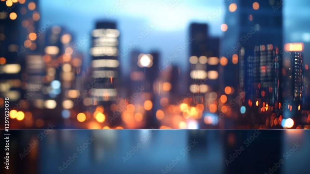 Blurred cityscape with glowing light at dusk, showcasing urban life and skyscrapers Blurred cityscape with glowing light at dusk, showcasing urban life and skyscrapers