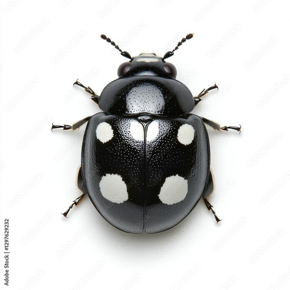 Close up view of a black ladybug with five prominent white spots on its shell, isolated on a white background. The insect's details are sharply in Close up view of a black ladybug with five prominent white spots on its shell, isolated on a white background. The insect's details are sharply in