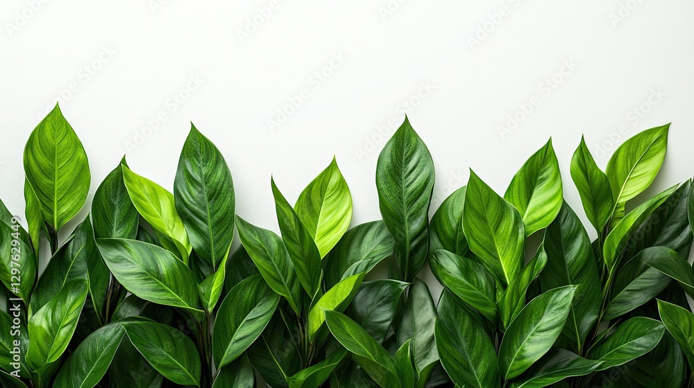 Lush arrangement of tropical leaves forming a green horizontal border, symbolizing nature, greenery, eco-friendly living, and tropical landscapes for design use