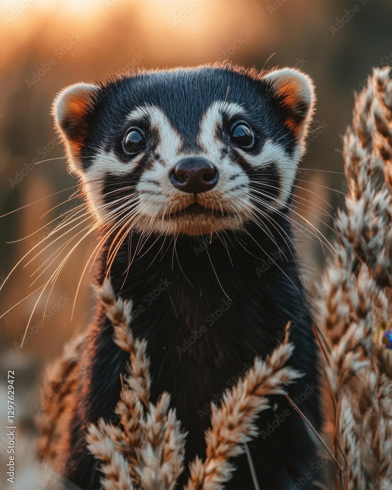 Charming ferret portrait amidst golden wheat field during sunset capturing the animal's adorable expression and natural habitat in a serene outdoor setting Charming ferret portrait amidst golden wheat field during sunset capturing the animal's adorable expression and natural habitat in a serene outdoor setting