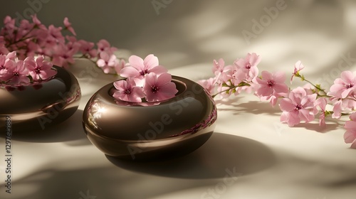 Wallpaper Mural Elegant arrangement of glossy vases with pink cherry blossoms on a soft background Torontodigital.ca