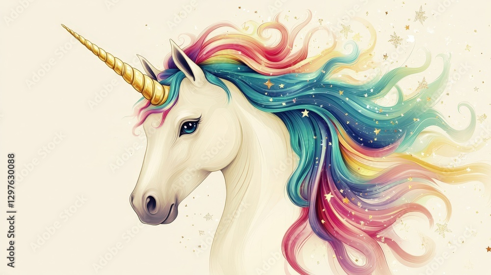 Naklejka premium A majestic white unicorn's head emerges from a radiant rainbow mane, woven in vibrant hues—red, orange, yellow, green, blue, pink, and purple. The magical colors dance around its ethereal face, captur