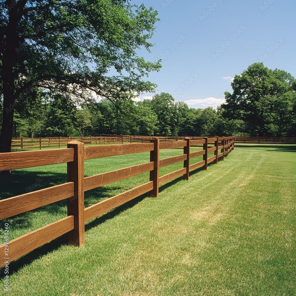 Serene rural landscape with wooden fence bordering lush green pasture under a clear blue sky tranquil scene capturing the essence of countryside charm Serene rural landscape with wooden fence bordering lush green pasture under a clear blue sky tranquil scene capturing the essence of countryside charm