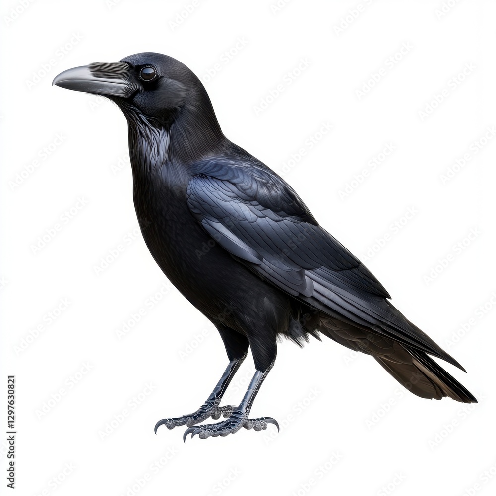Obraz premium Profile view of a black crow against a white background. The bird is detailed, showing its feathers and sharp beak