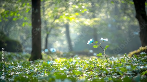 Serene Spring Forest  Sunlight Dappled Flowers  Tranquil Nature Scene