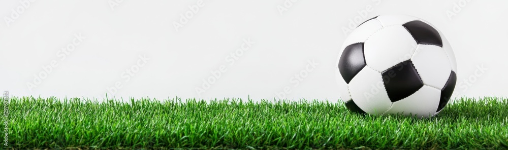 Close up view of a black and white soccer ball resting on vibrant green artificial turf against a bright white background. The image is simple and Close up view of a black and white soccer ball resting on vibrant green artificial turf against a bright white background. The image is simple and