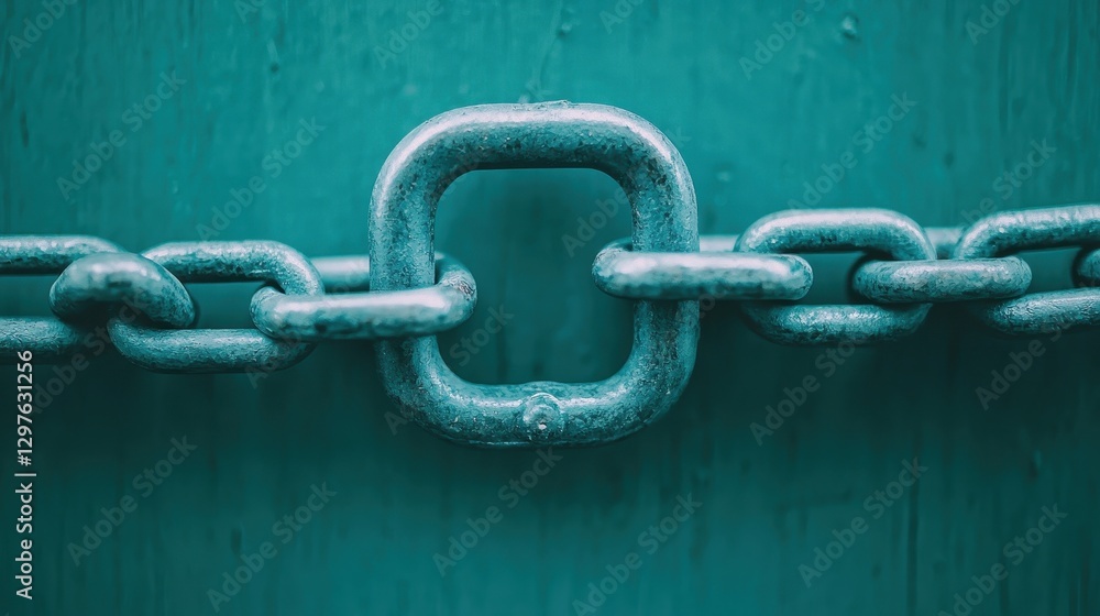 Close-Up of Silver Chain Links Against a Turquoise Background Highlighting Industrial Design and Strength Close-Up of Silver Chain Links Against a Turquoise Background Highlighting Industrial Design and Strength