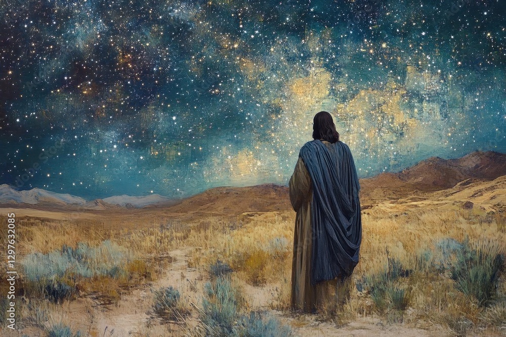 jesus gazes at a starry desert robes ripple in a cool breeze a solemn realist painting with sandy golds and deep indigos of sacred stillness jesus gazes at a starry desert robes ripple in a cool breeze a solemn realist painting with sandy golds and deep indigos of sacred stillness