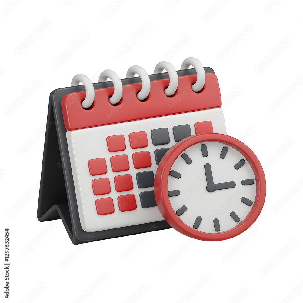 Red and white desktop calendar with clock. Time management concept. Red and white desktop calendar with clock. Time management concept.