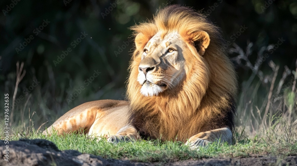 Fototapeta premium Majestic Male Lion Resting in Grassland African Wildlife