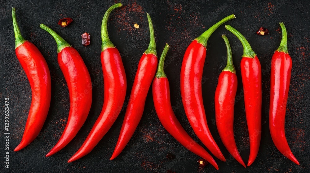 Fresh and Vibrant Red Chili Peppers Arranged on a Dark Background for Culinary and Food Photography Fresh and Vibrant Red Chili Peppers Arranged on a Dark Background for Culinary and Food Photography