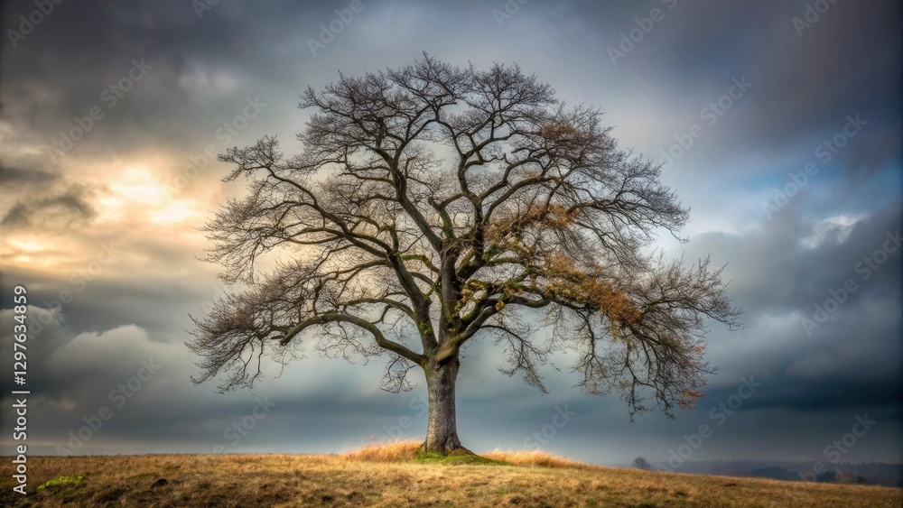 A solitary, leafless tree stands proudly on a gently sloping hill under a dramatic, moody sky, illuminated by a soft, diffused light breaking through the clouds. A solitary, leafless tree stands proudly on a gently sloping hill under a dramatic, moody sky, illuminated by a soft, diffused light breaking through the clouds.