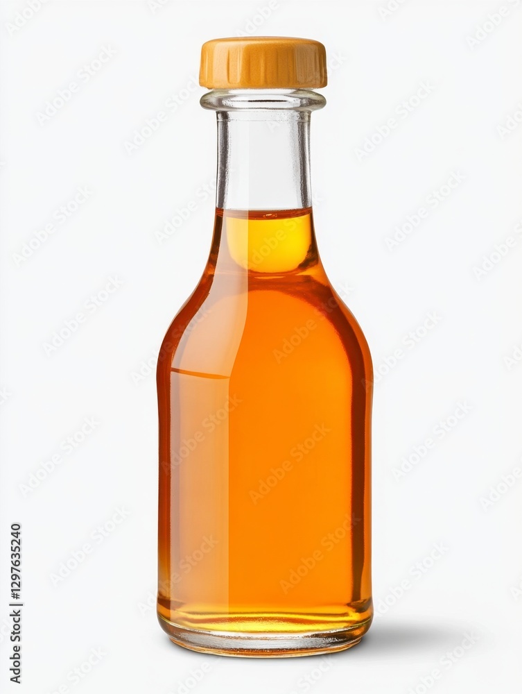 Amber liquid in a clear glass bottle with a tan cap against a white background. The bottle is short and slightly curved. The liquid is translucent Amber liquid in a clear glass bottle with a tan cap against a white background. The bottle is short and slightly curved. The liquid is translucent