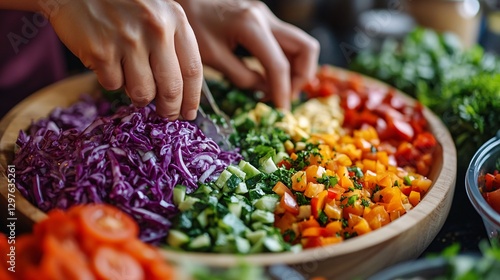 Person carefully arranging colorful chopped vegetables in wooden bowl