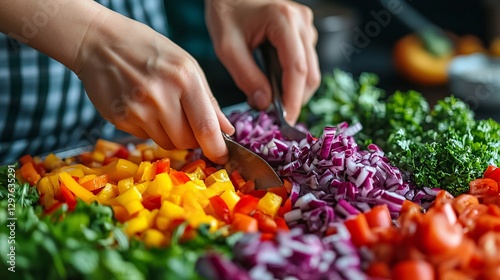 Hands preparing a colorful array of fresh chopped vegetables