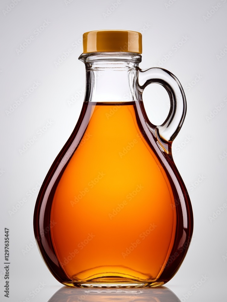 Amber liquid in a clear glass bottle with a handle against a light gray background. The bottle is pear shaped with a golden colored top Amber liquid in a clear glass bottle with a handle against a light gray background. The bottle is pear shaped with a golden colored top