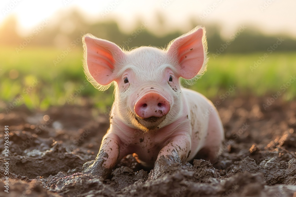 Young pig playing in mud during golden hour Young pig playing in mud during golden hour