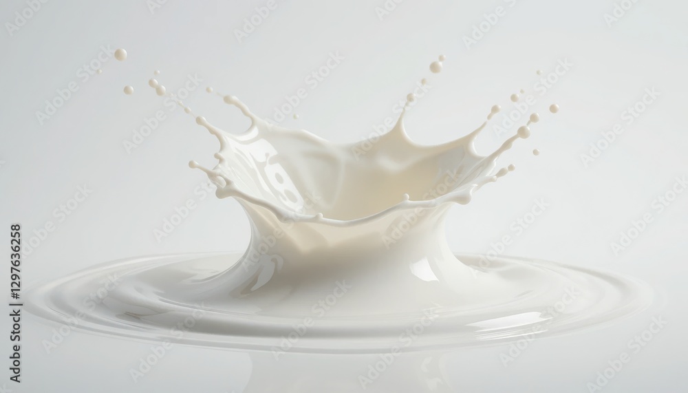 Milk Splashing Creates Crown Shape with Drops on a White Background Milk Splashing Creates Crown Shape with Drops on a White Background