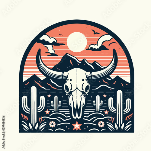 vector bull skull, cacti, mountains, and a setting sun t-shirt