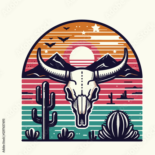 vector bull skull, cacti, mountains, and a setting sun t-shirt