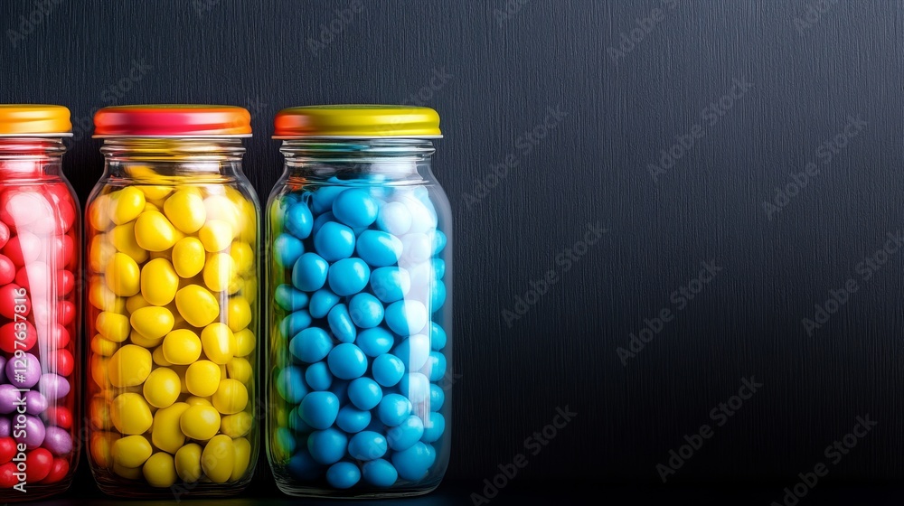 Colorful jars filled with vibrant candies against a dark background, showcasing a sweet display Colorful jars filled with vibrant candies against a dark background, showcasing a sweet display