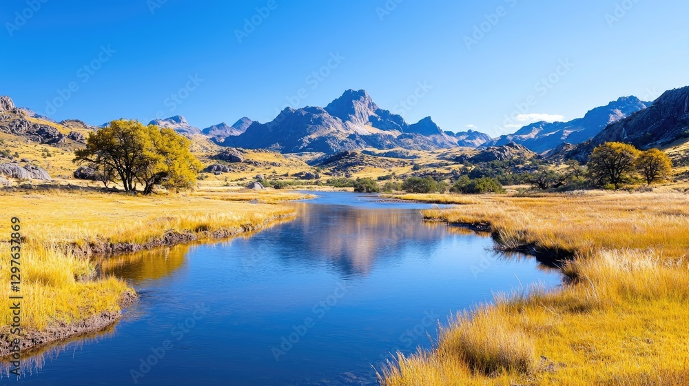 Obraz premium Calm river flows through a golden autumn meadow, reflecting a majestic mountain peak under a clear blue sky.