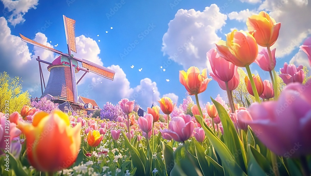 Obraz premium Vibrant Pink and Orange Tulips Field with Windmill under Sunny Sky
