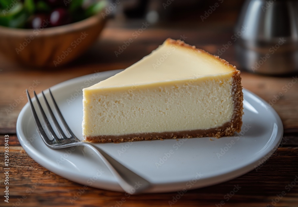 Creamy cheesecake slice on a white plate with a fork, set against a rustic wooden background and blurred bowl of fruit in the background Creamy cheesecake slice on a white plate with a fork, set against a rustic wooden background and blurred bowl of fruit in the background