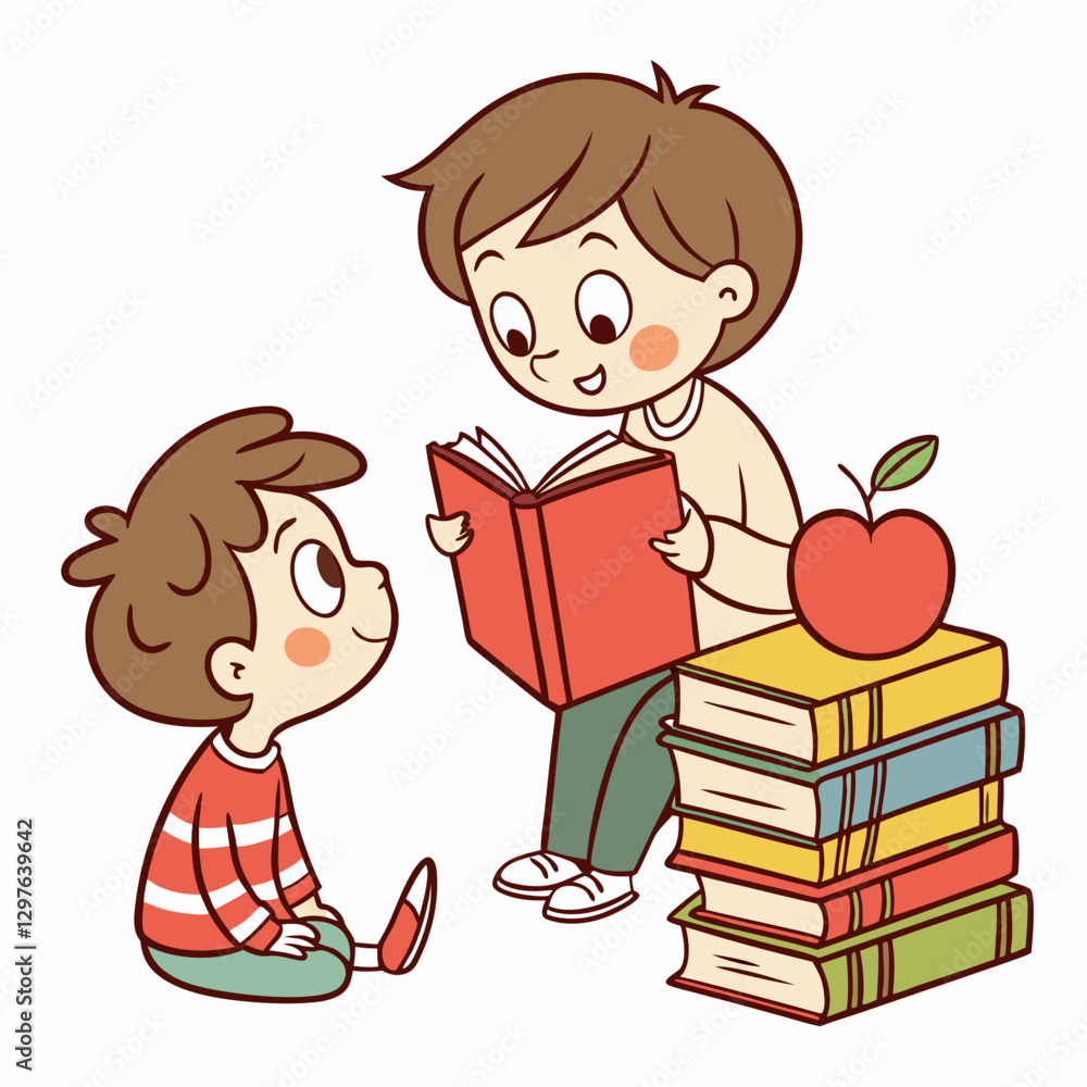 Brother reads a book to his younger brother near a stack of colorful books Brother reads a book to his younger brother near a stack of colorful books