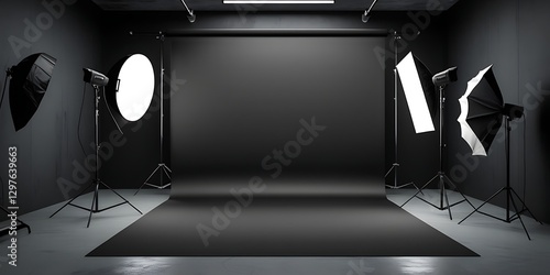 Professional photography studio setup with black seamless backdrop, softbox lighting, and spotlight equipment, creating a moody and dramatic atmosphere for portrait or product shoots.

