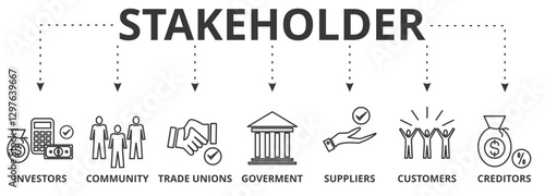Stakeholder banner icon vector illustration concept with icon of investor, government, creditors, community, trade unions, suppliers, and customers