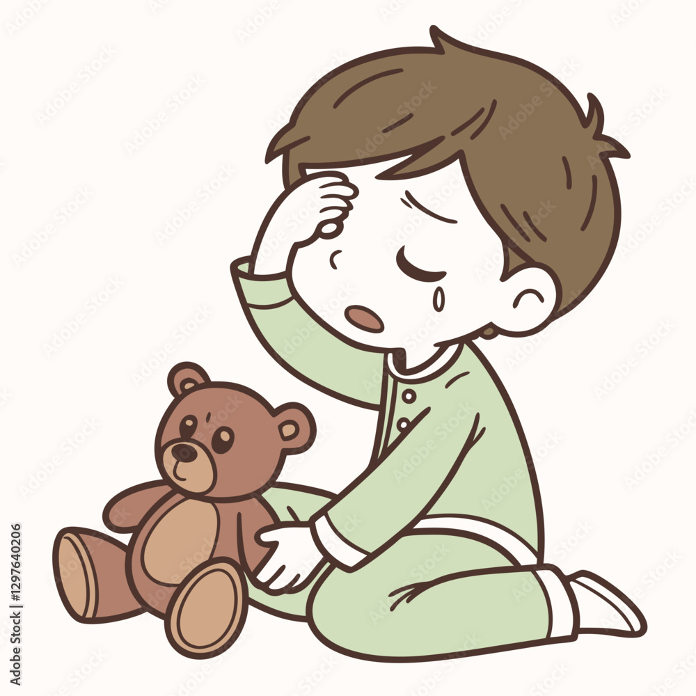 Little boy crying with teddy bear, feeling sad and emotional distress Little boy crying with teddy bear, feeling sad and emotional distress