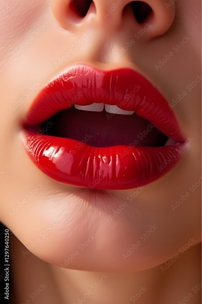 Obraz premium Close-up of female lips with glossy red lipstick