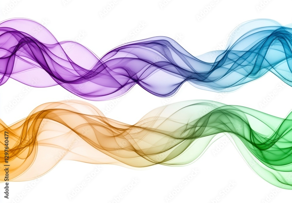 Abstract image featuring vibrant, flowing waves of purple, blue, gold, and green hues against a white background. The design is smooth and ethereal Abstract image featuring vibrant, flowing waves of purple, blue, gold, and green hues against a white background. The design is smooth and ethereal