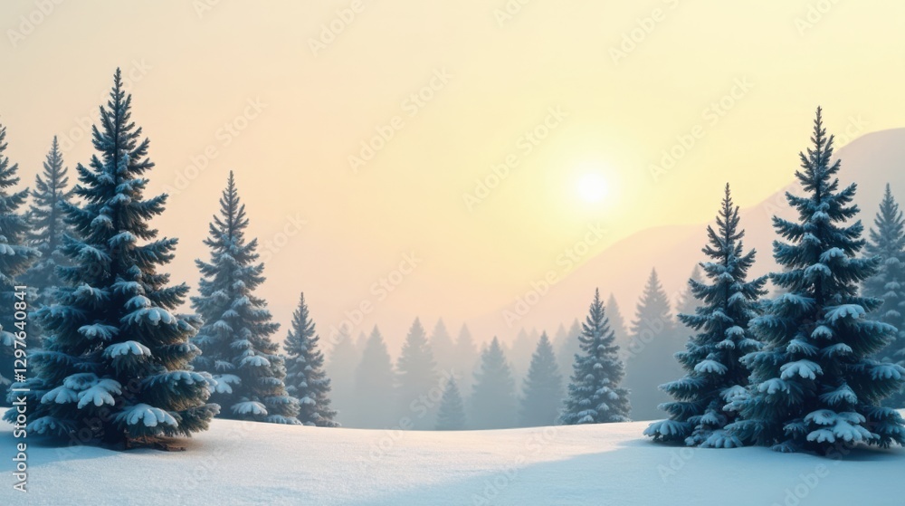 Serene Winter Sunrise Snow-Covered Evergreens on a Misty Mountain Meadow, bathed in the golden light of dawn. Serene Winter Sunrise Snow-Covered Evergreens on a Misty Mountain Meadow, bathed in the golden light of dawn.