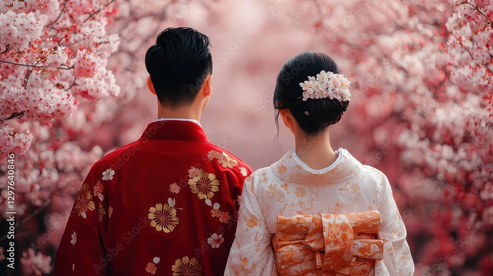 Romantic Couple in Traditional Attire Surrounded by Blossoming Cherry Trees in Springtime Garden Romantic Couple in Traditional Attire Surrounded by Blossoming Cherry Trees in Springtime Garden
