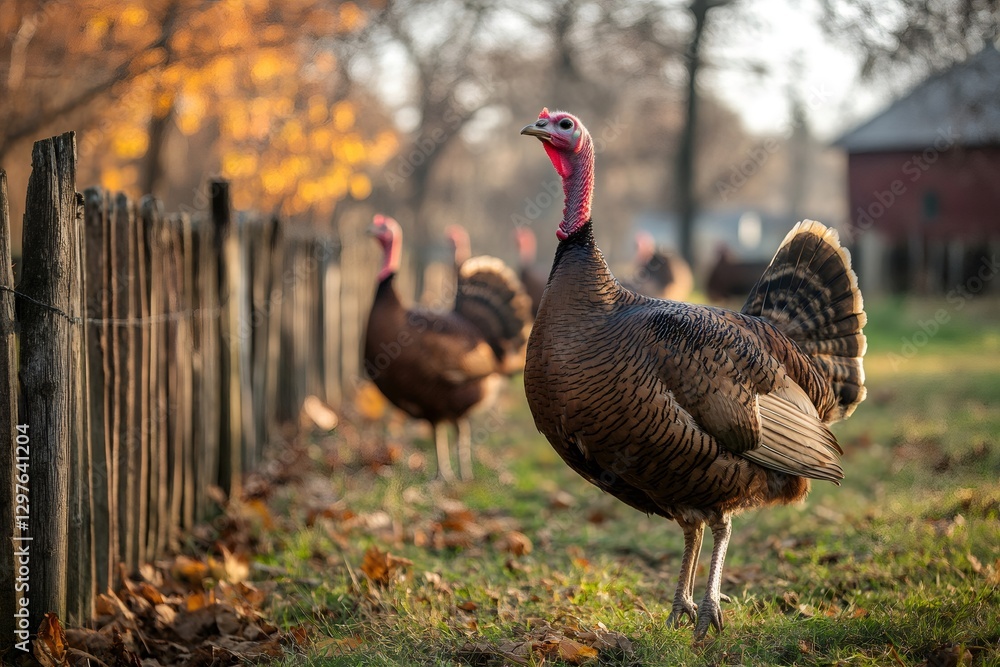 Turkeys enjoying a sunny autumn day on a farm Turkeys enjoying a sunny autumn day on a farm