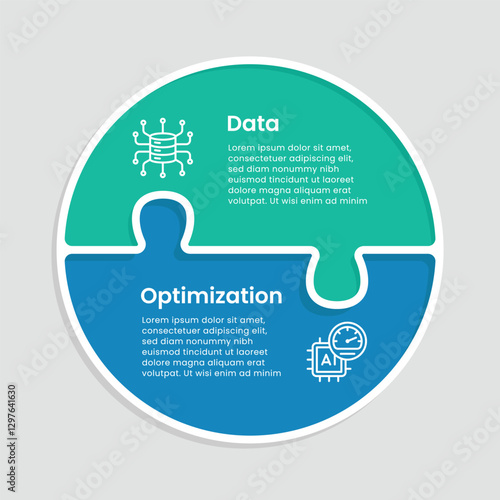 Modern AI business infographic with two puzzle steps: Data processing and Optimization. Clean, futuristic design with AI icons for technology, automation, and digital transformation.